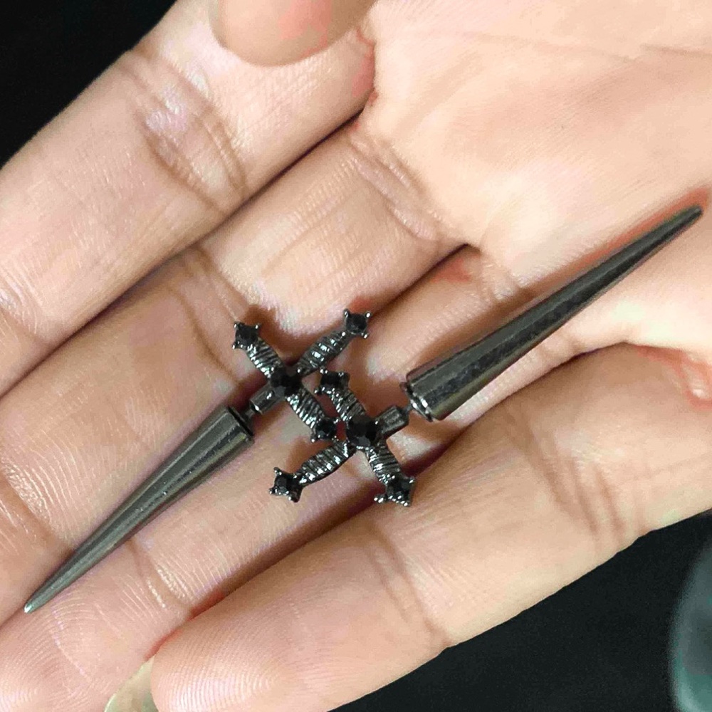 Any 4/$25! Gunmetal Black Crystal Sword Studs w/Jackets Earrings - Picture 2 of 6